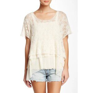 Free People Ivory Lace Layered Boho Top Women’s Size M Sheer Crochet Tunic Roman